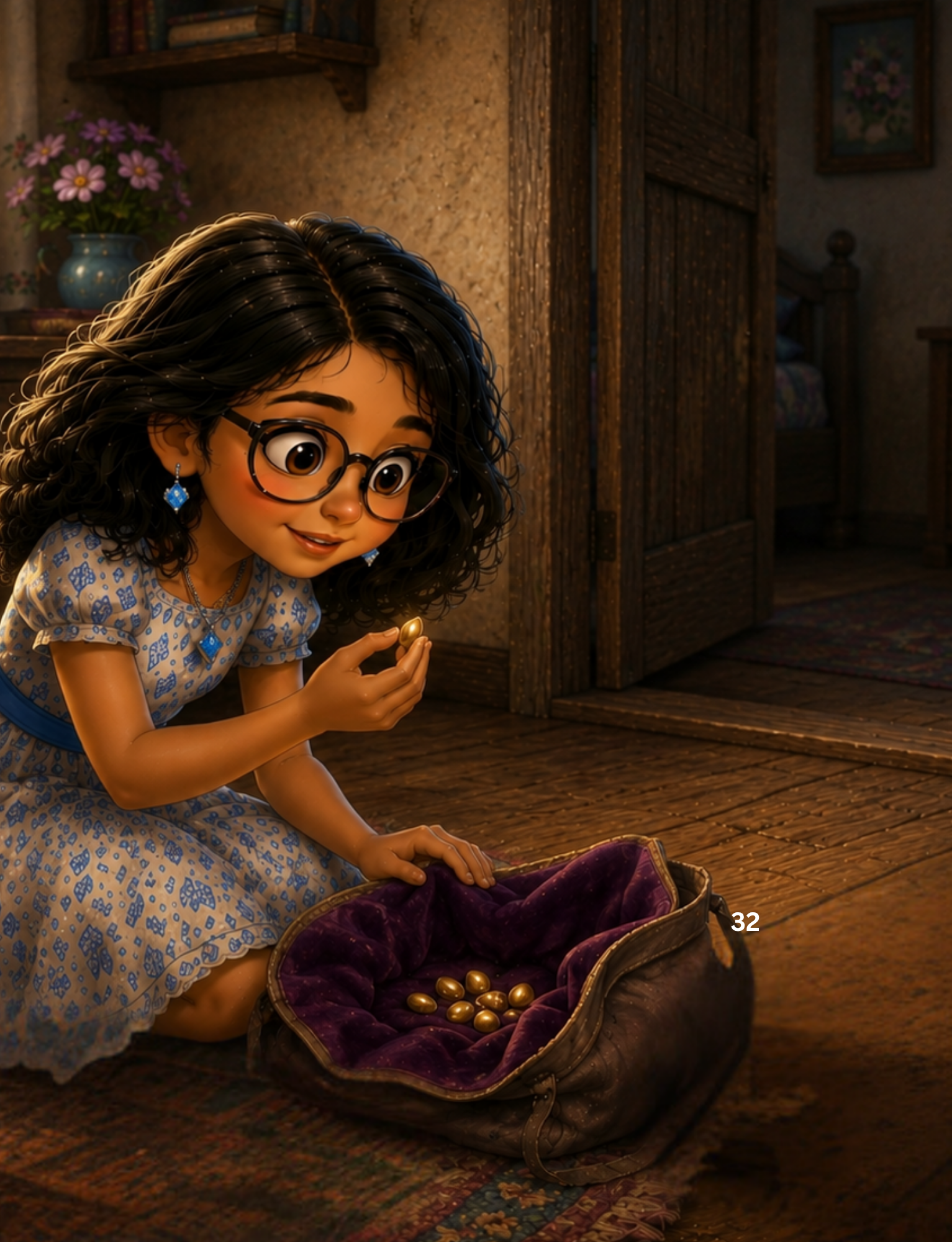 Little Sara finding golden eggs in a small bag