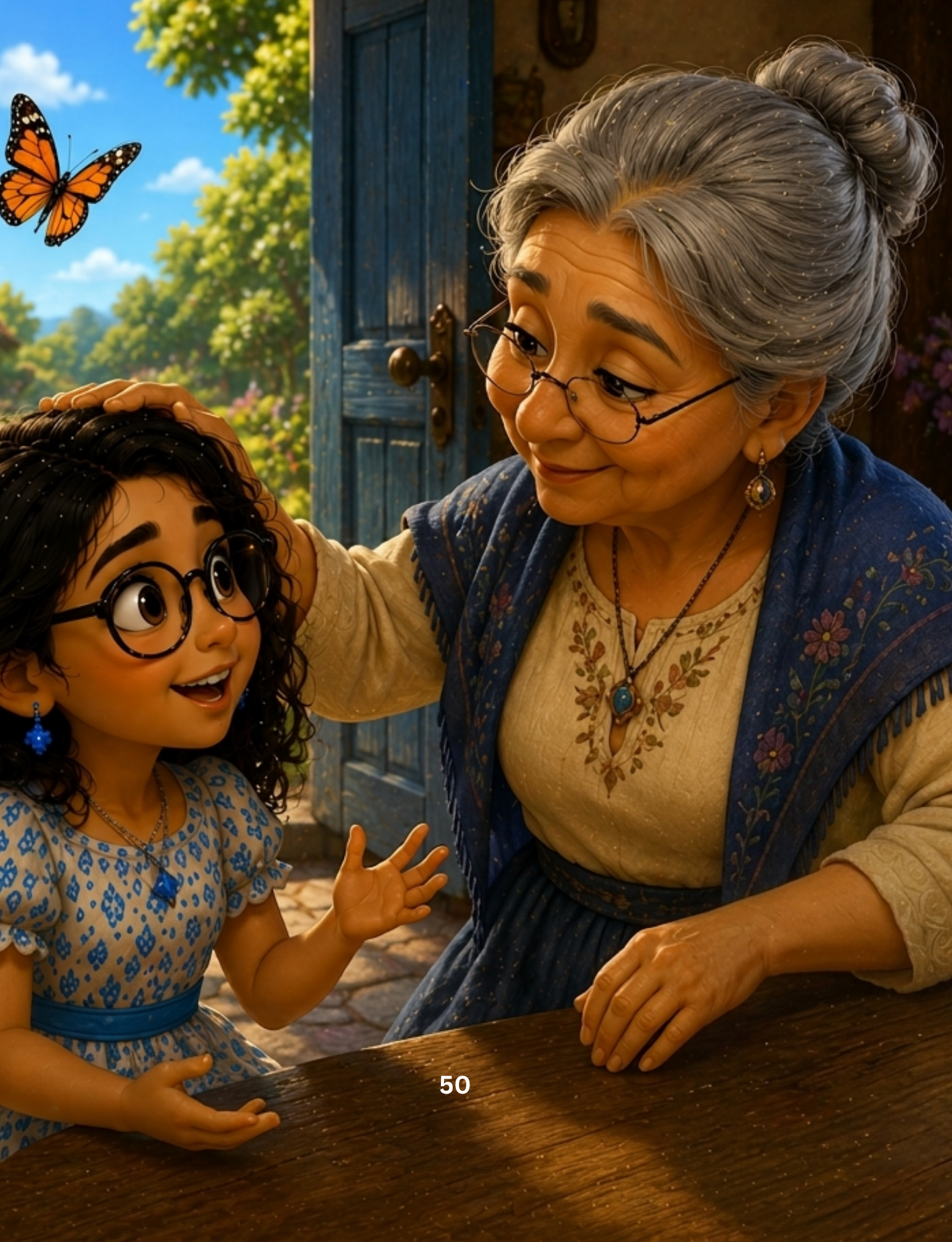 Little Sara talking with her grandmother beside an open door