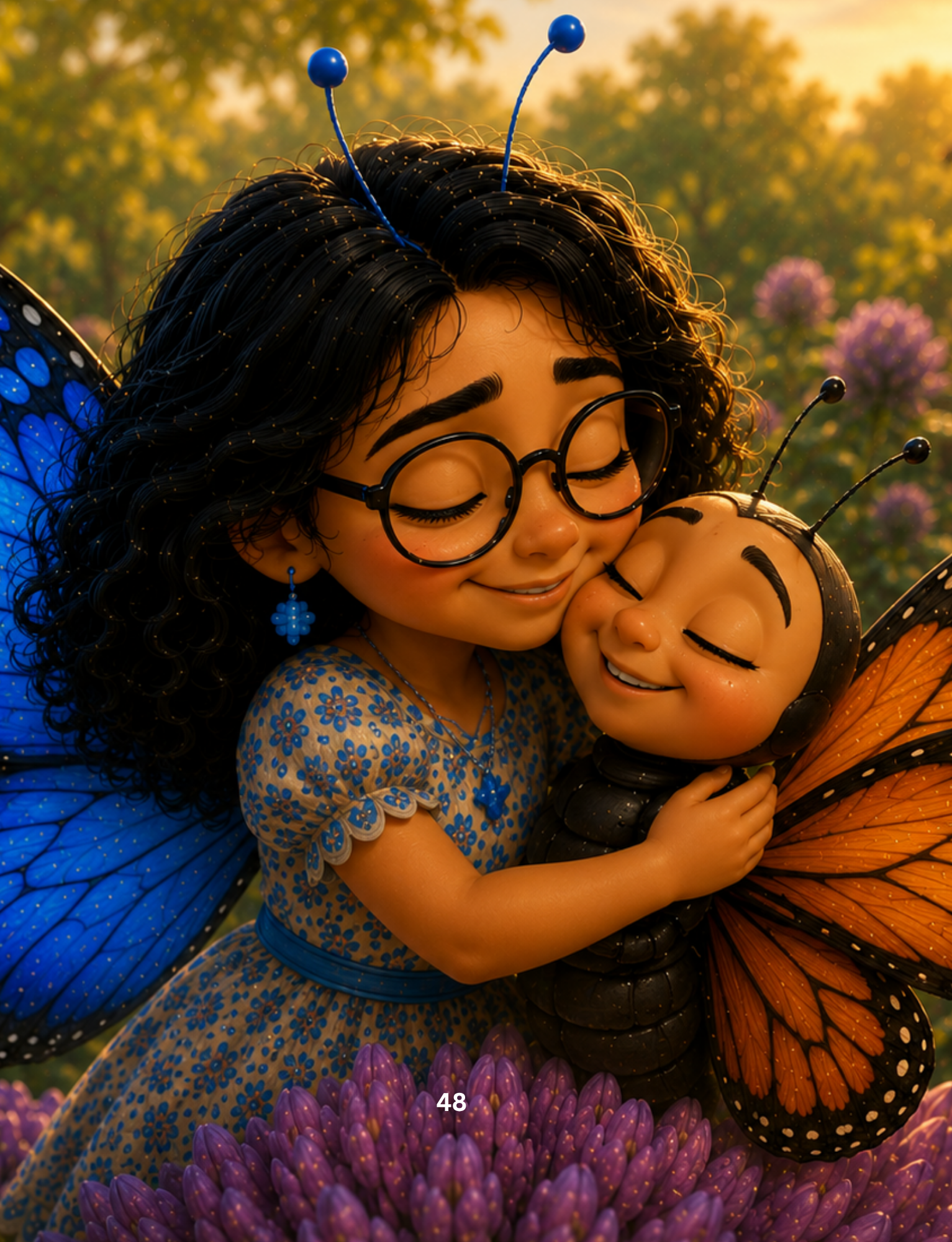 Little Sara hugging Rosie the butterfly in a flower garden