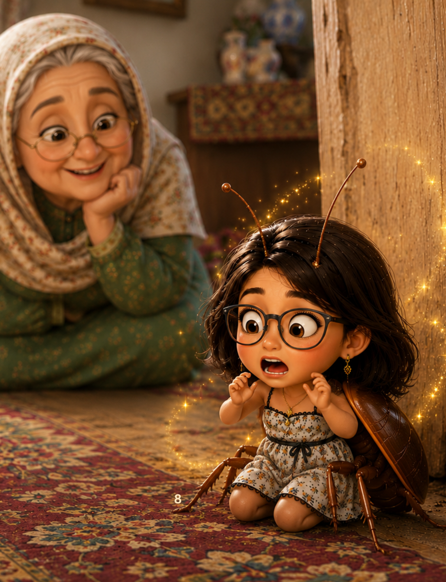 Little Sara dressed as an insect with her grandmother