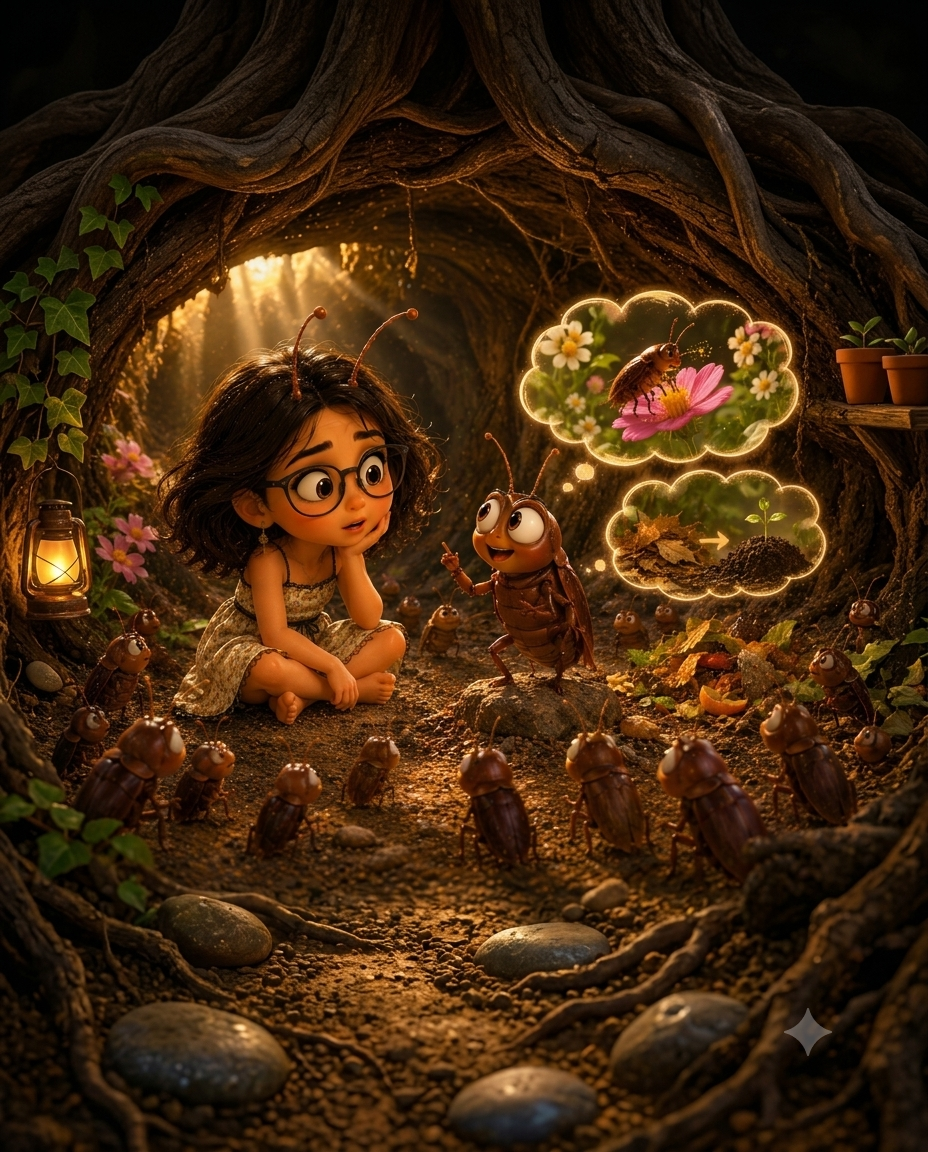 Little Sara learning about insect life in an underground world
