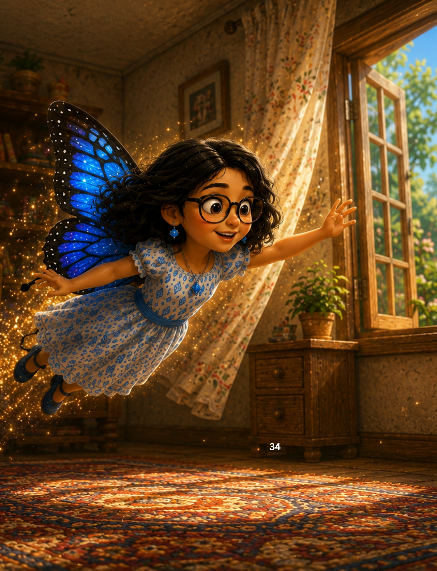 Little Sara flying through a sunlit room with blue butterfly wings