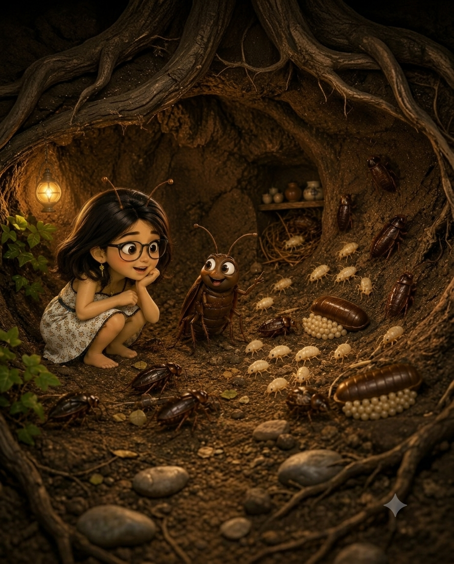 Little Sara meeting friendly insects underground