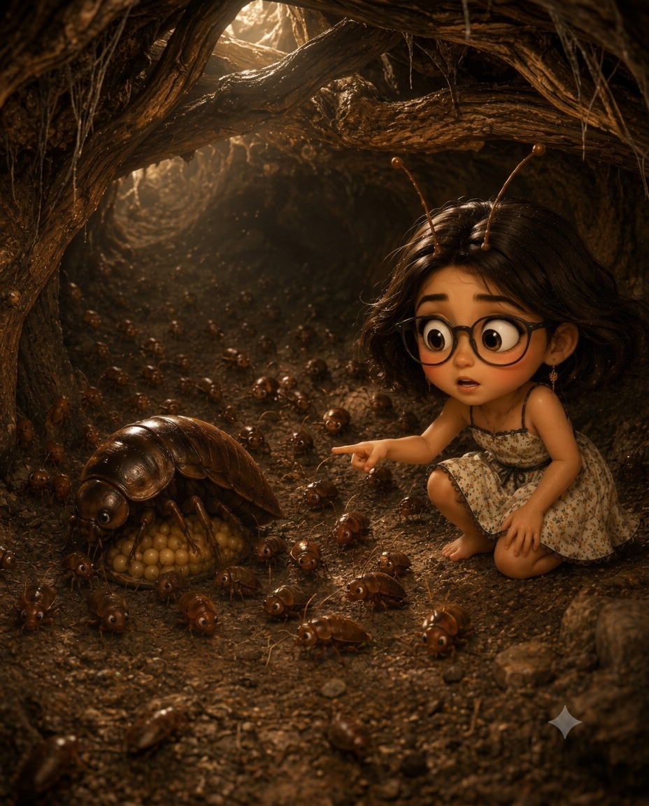 Little Sara discovering insects in an underground nest